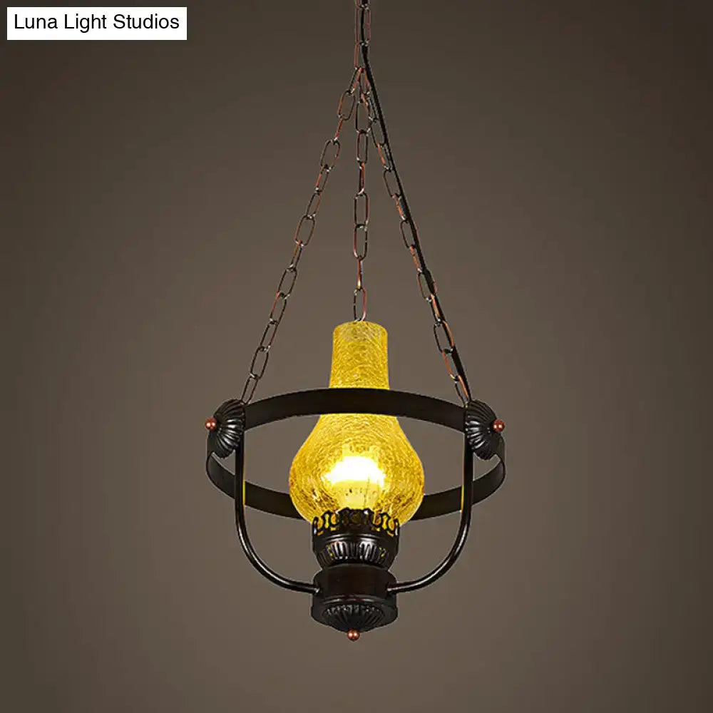 DecorBites black crackle glass pendant light with amber globe, metal ring, and vintage-style hanging design