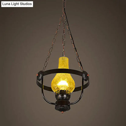 DecorBites black crackle glass pendant light with amber globe, metal ring, and vintage-style hanging design