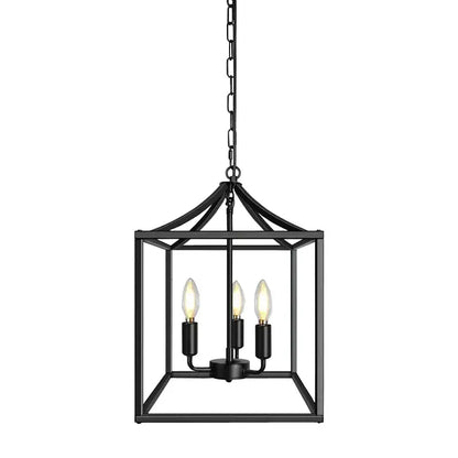 Decorbites black farmhouse chandelier lantern pendant light with black metal frame and three exposed bulbs for dining room