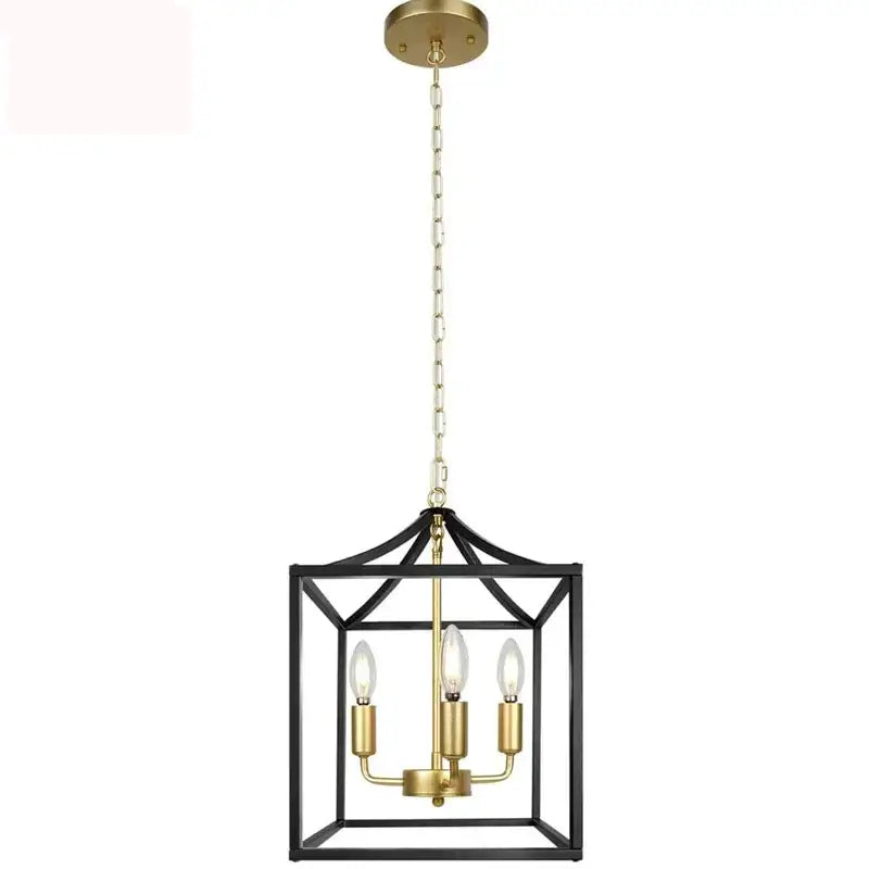 Decorbites black farmhouse chandelier lantern pendant light with black and brass cage design and three exposed bulbs