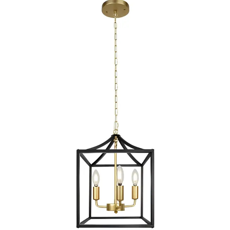 Decorbites black farmhouse chandelier lantern pendant light with black and brass cage and four exposed bulb sockets