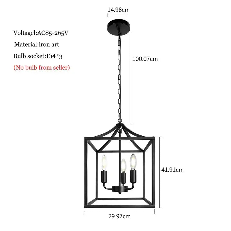Decorbites black farmhouse chandelier lantern pendant light with three exposed bulbs in black iron for dining room