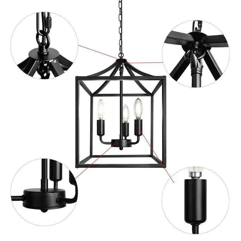 Decorbites black farmhouse chandelier lantern pendant light with three exposed bulbs for dining room lighting