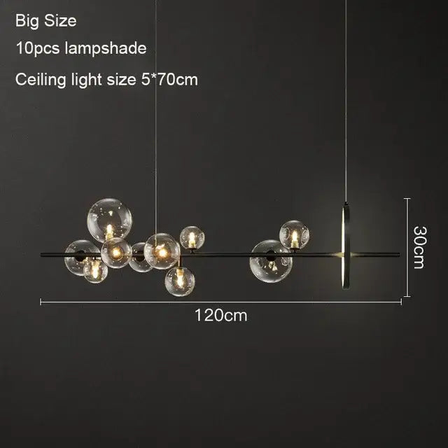 Modern black metal DecorBites™ led pendant chandelier with ten clear glass globe lampshades for dining room use