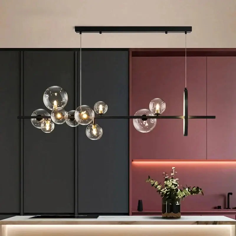 Decorbites™ black glass ball led pendant chandelier with clear globe bulbs and sleek bar design for dining room and kitchen