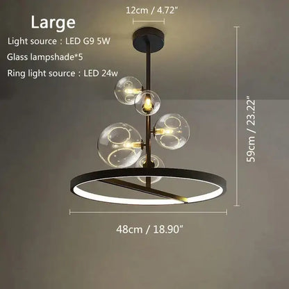 DecorBites black glass ball led pendant chandelier with five clear glass globes and circular led ring for dining room