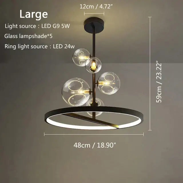 DecorBites black glass ball led pendant chandelier with five clear glass globes and circular led ring for dining room