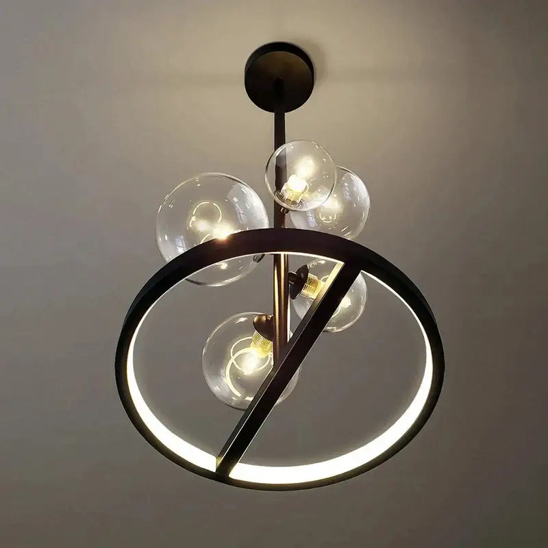 Decorbites black glass ball led pendant chandelier with clear globe bulbs and glowing ring for dining room and kitchen