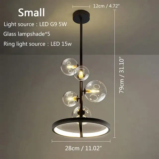 Decorbites black metal led pendant chandelier with five clear glass globe shades for dining room and kitchen lighting