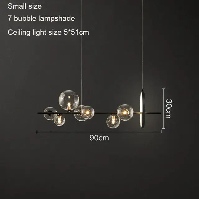 Modern minimalist black metal led pendant chandelier with seven clear glass bubble lampshades for dining room and kitchen