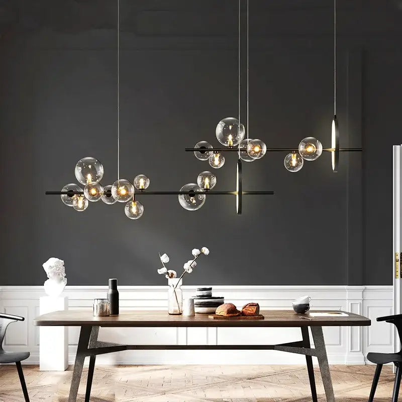 DecorBites black glass ball led pendant chandelier with clear globe bulbs for dining room kitchen and restaurant use