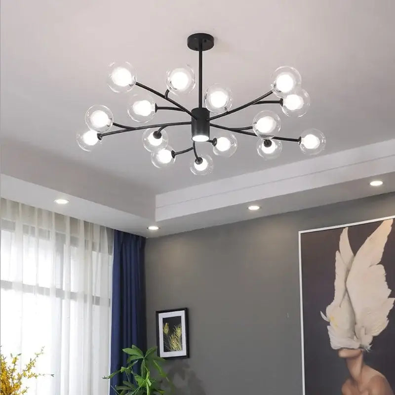 DecorBites black glass ball molecule chandelier featuring multiple clear glass globe bulbs in nordic luxury design