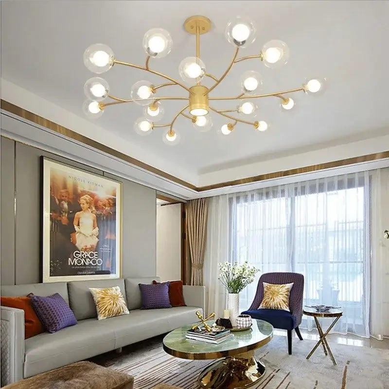 Gold-toned decorbites black glass ball molecule chandelier with multiple spherical glass bulbs for nordic luxury design