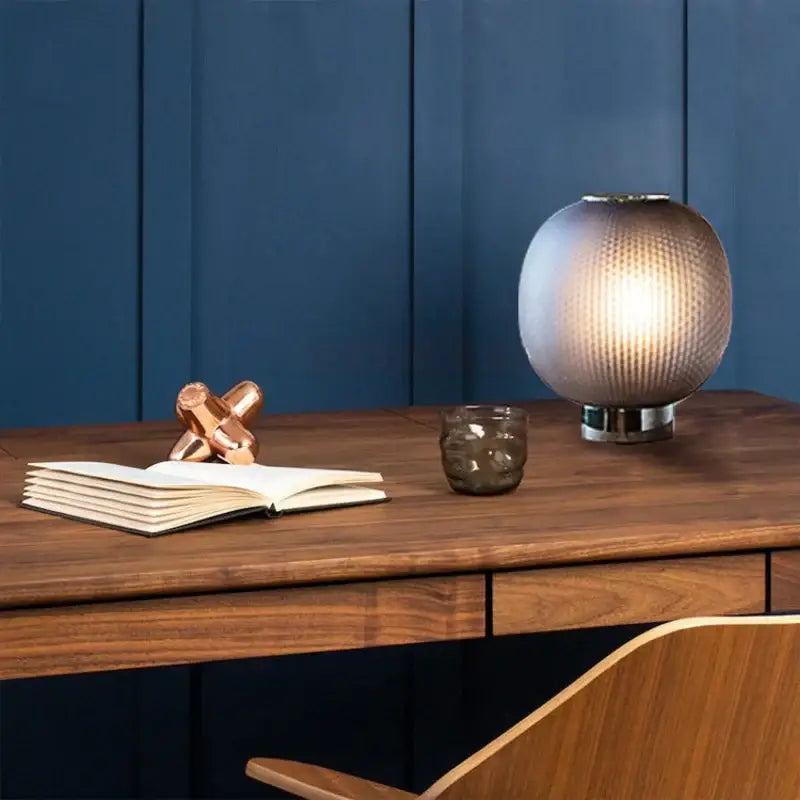DecorBites black glass ball table light with textured spherical glass and warm glow for bedroom and living room decor