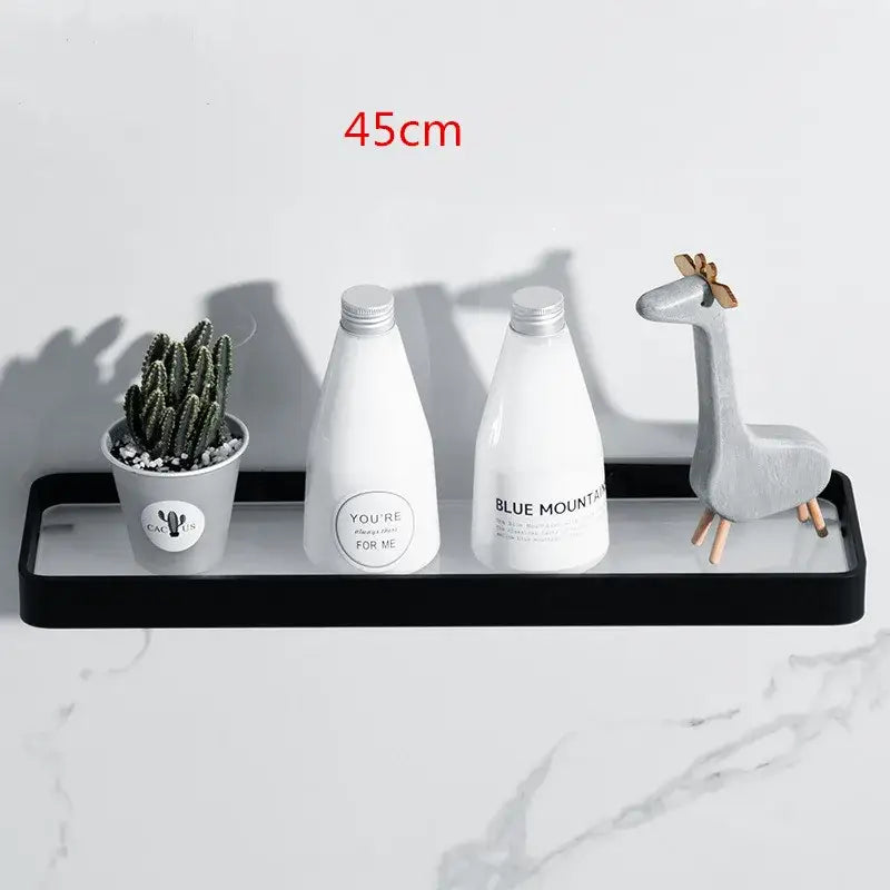 Black rectangular glossy decorbites black glass bathroom shelf corner rack holding decorative items in shower room