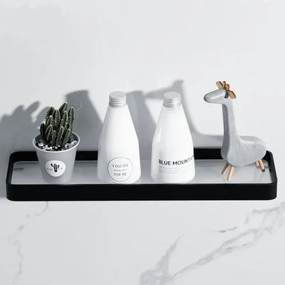 Decorbites black glass bathroom shelf corner rack with black glass rectangular aluminum frame holding decorative items
