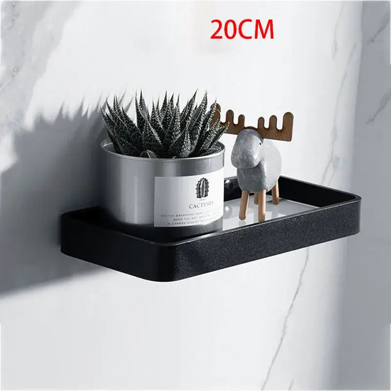 Decorbites black glass bathroom shelf corner rack in black aluminum with matte finish and rounded edges for shower use
