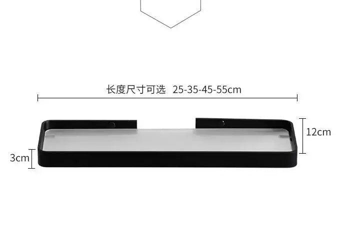 Decorbites black glass bathroom shelf corner rack with black aluminum frame and transparent glass surface, customizable length