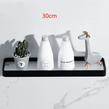 Black glass bathroom shelf corner rack by decorbites black glass features a glossy black rectangular aluminum tray with decor items