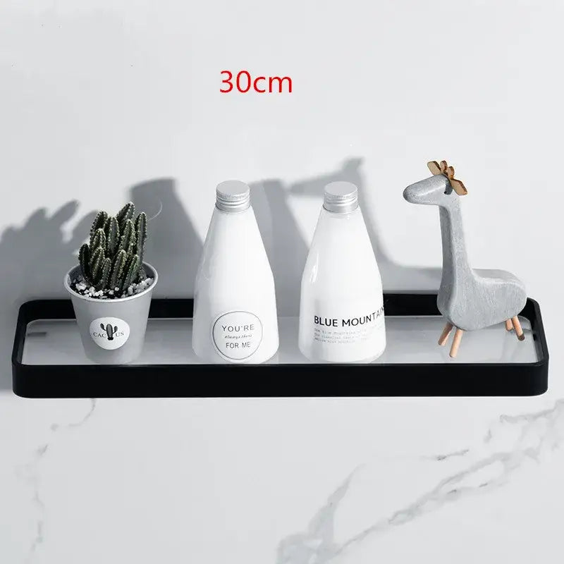 Black glass bathroom shelf corner rack by decorbites black glass features a glossy black rectangular aluminum tray with decor items