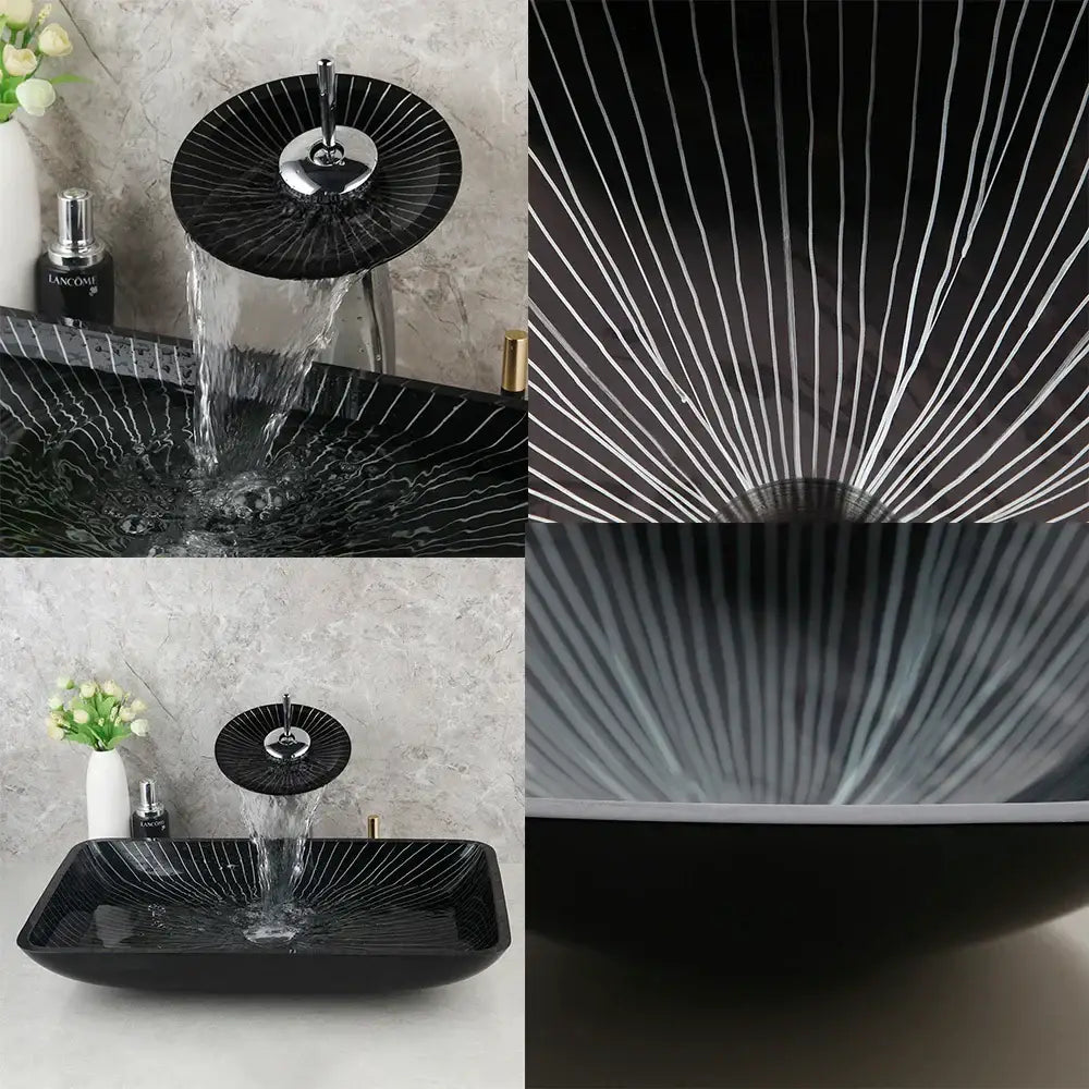 Black ceramic decorbites black glass bathroom sink set with radial white lines and sleek chrome waterfall faucet