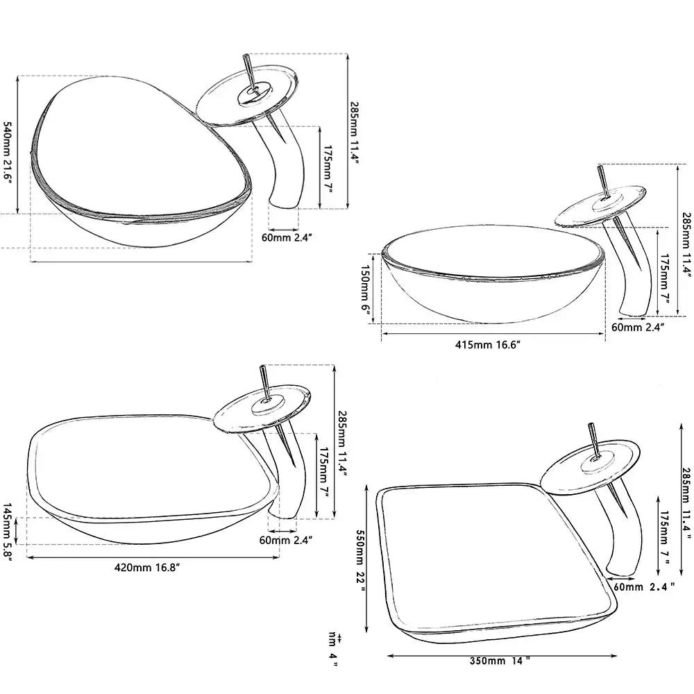 Modern glass vessel sink set with decorbites black glass hand painted design and integrated waterfall faucet