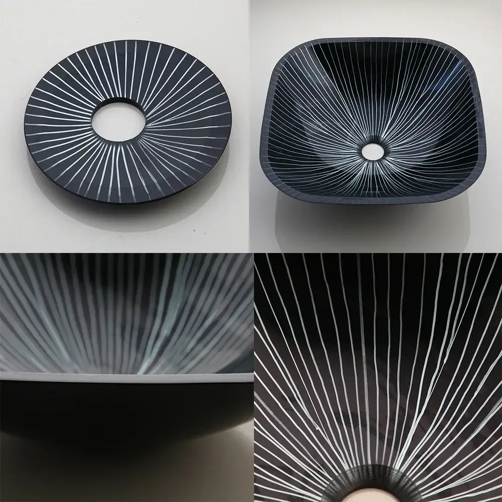 Black ceramic vessel sink with glossy finish and white radial lines in decorbites black glass bathroom sink set