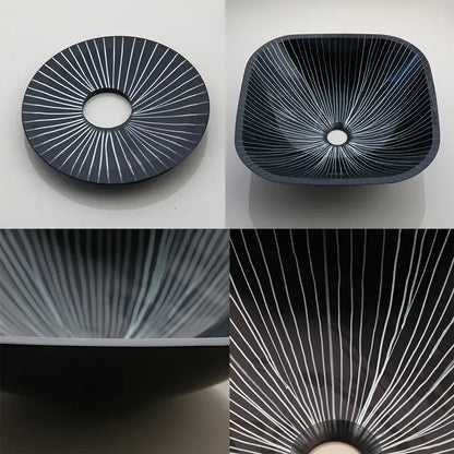 Black ceramic vessel sink with glossy finish and white radial lines in decorbites black glass bathroom sink set