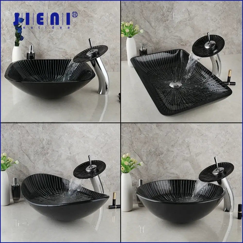 Decorbites black glass bathroom sink set with hand painted design features a sleek black glass vessel sink with radial etching