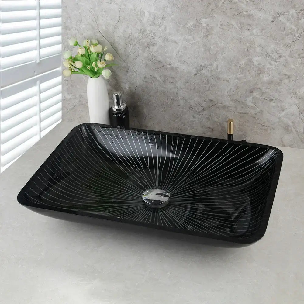 DecorBites black glass bathroom sink set with glossy black glass rectangular vessel sink and subtle white radial lines