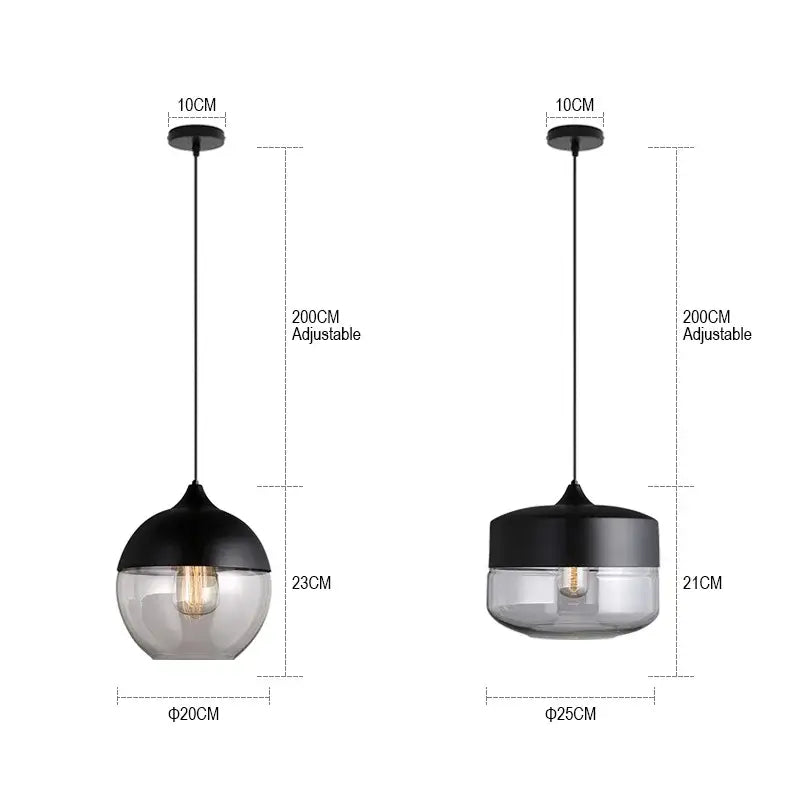 DecorBites black glass pendant lights with adjustable chains in black and clear glass for modern interior lighting