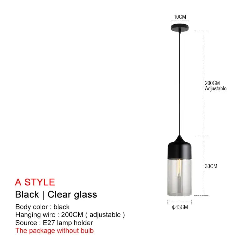 DecorBites black glass pendant lights featuring black cylindrical pendant with clear glass and adjustable hanging wire