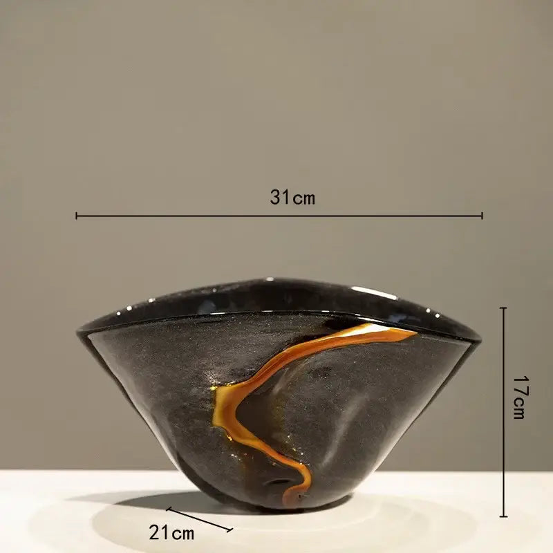 DecorBites black glass ceramic bowl with glossy black finish and amber-orange glaze for terrarium and floral arrangement