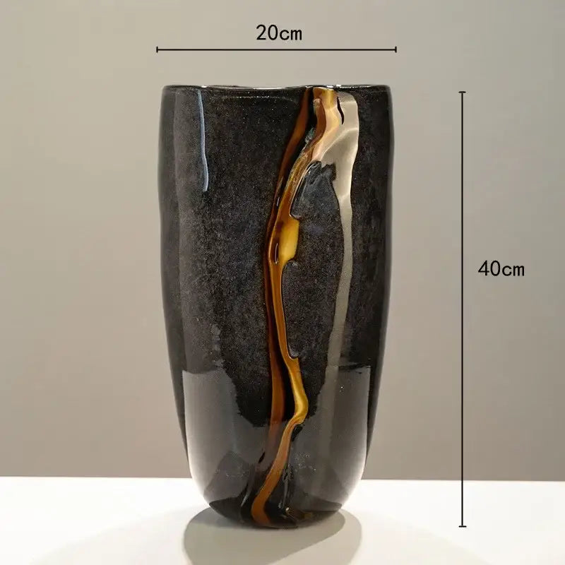 Decorbites black glass tall vase with glossy finish and golden brown stripe for floral arrangement and room decoration