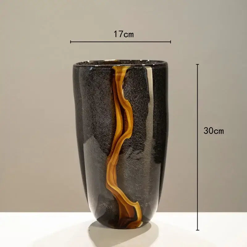 Decorbites black glass vase with swirling amber and gold accent for floral arrangement and terrarium decoration