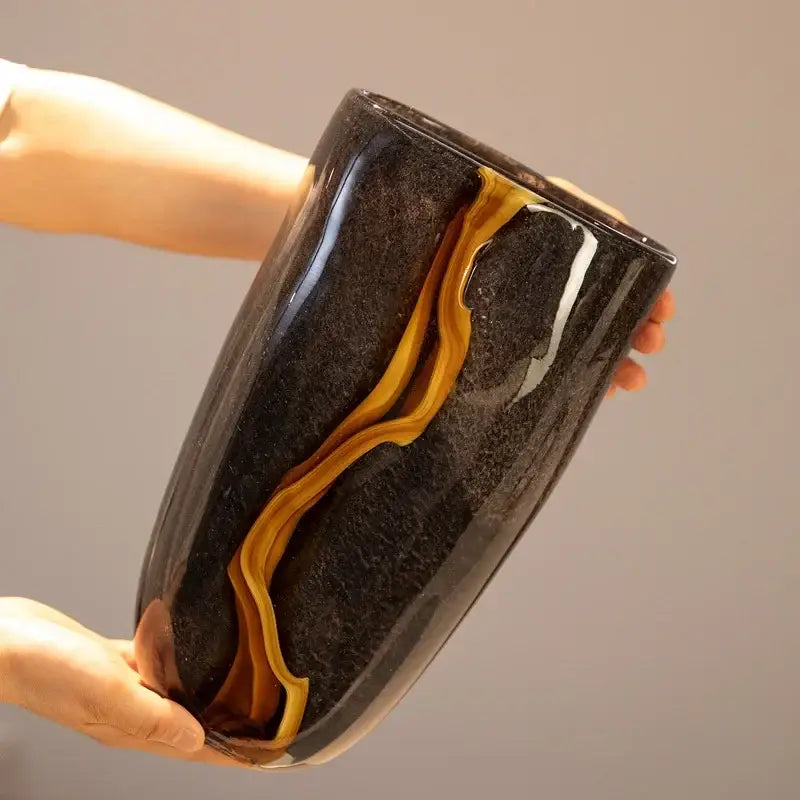 DecorBites black glass vase glossy black ceramic with golden yellow marbled patterns for floral arrangement and terrarium