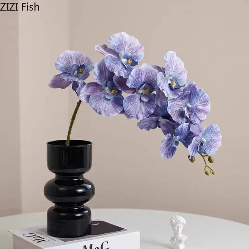 DecorBites black glass vase with purple and blue gradient artificial flowers for minimalist room decor