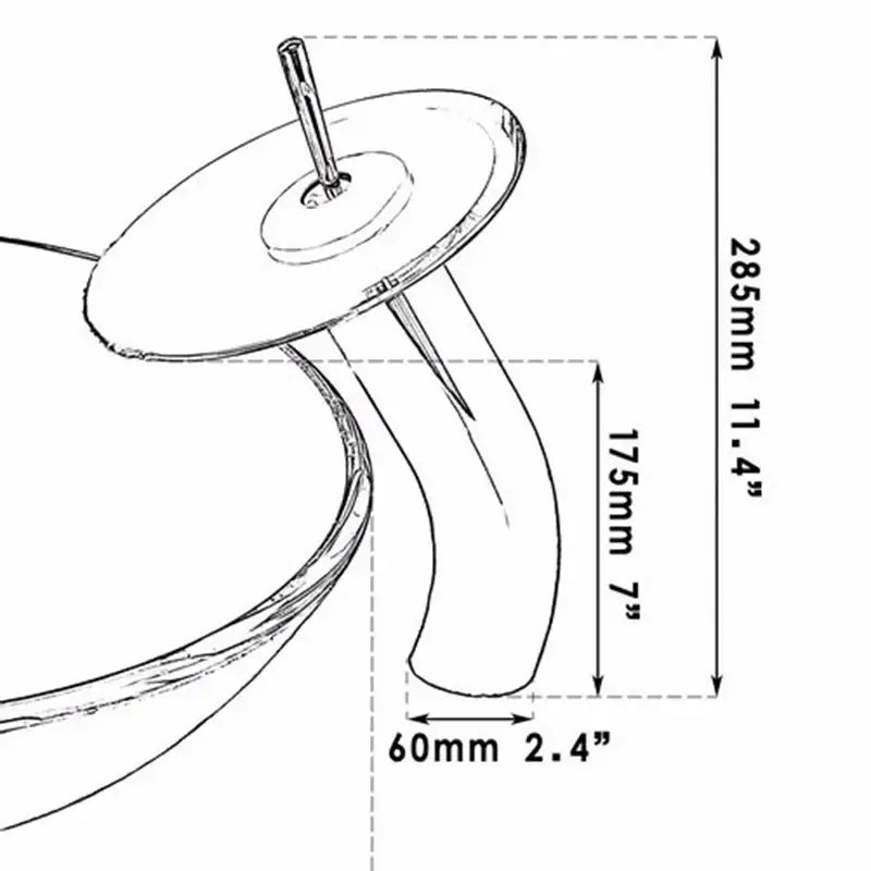 A sleek curved chrome faucet with circular base and integrated handle for decorbites black glass waterfall sink