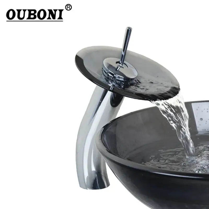 DecorBites black glass waterfall bathroom sink tap mixer faucet with sleek chrome and black glass spout flowing water