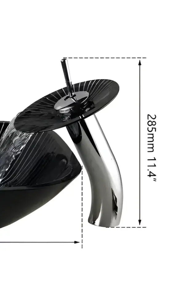 DecorBites black glass waterfall bathroom sink tap faucet with chrome finish curved spout and circular black disc handle