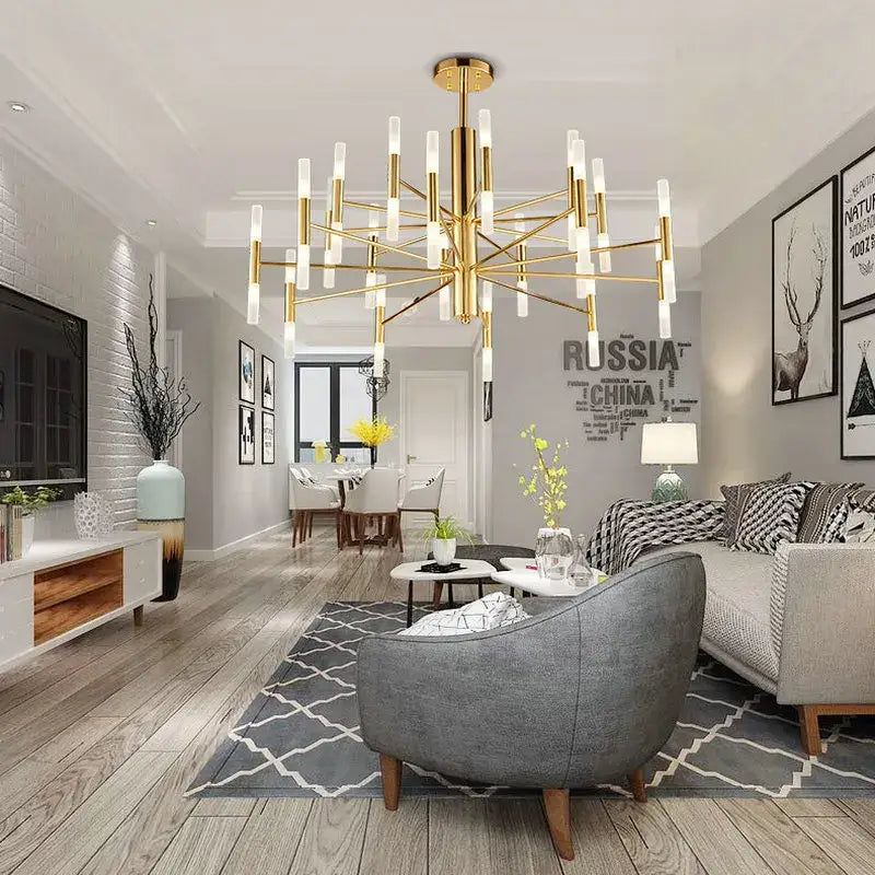 Gold-toned decorbites black gold chandelier with cylindrical white glass shades and brass fixture for modern home decor gold art