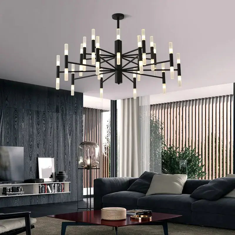 Decorbites black gold art decor led ceiling chandelier with black and white geometric starburst design for modern homes