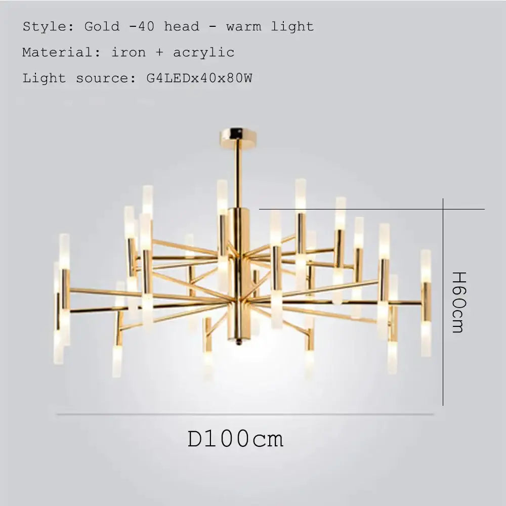 Gold-colored modern DecorBites black gold art decor led ceiling chandelier with geometric starburst design and 40 warm lights