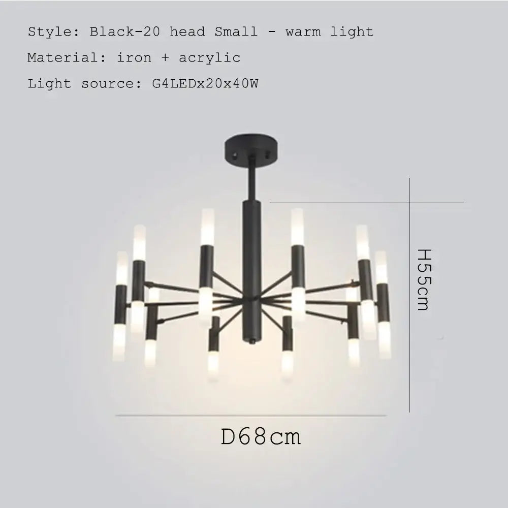 DecorBites black gold art decor black modern LED chandelier with twenty warm white acrylic lights on iron frame