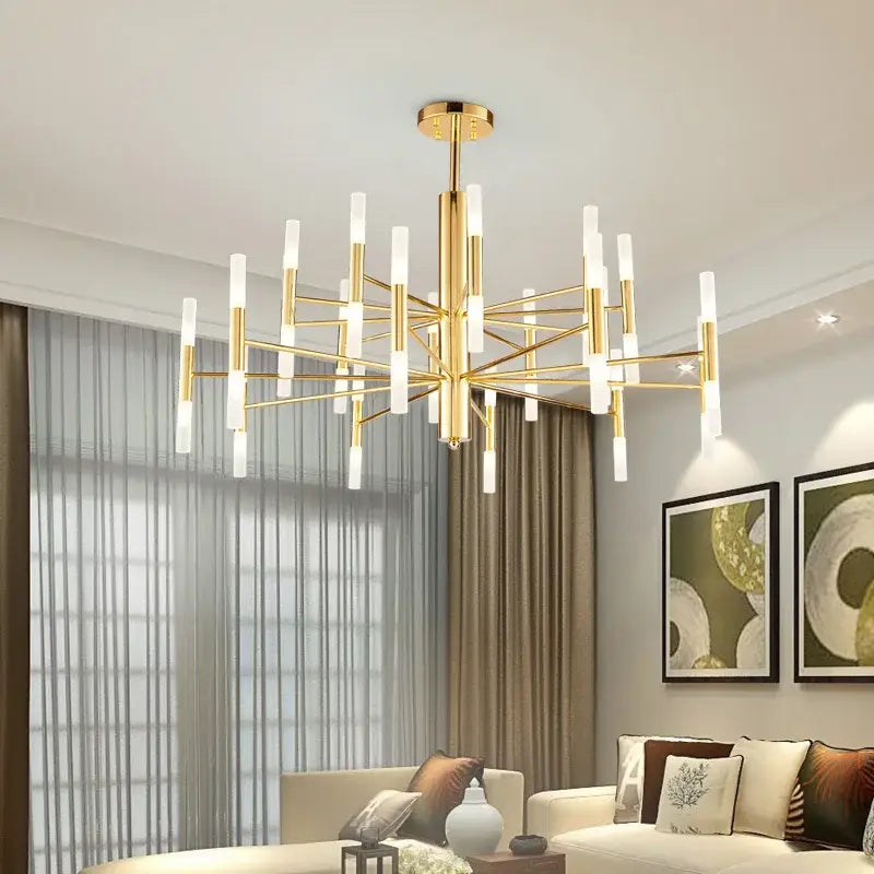 Gold-toned decorbites black gold chandelier with slender arms and frosted glass bulbs for modern gold art decor homes