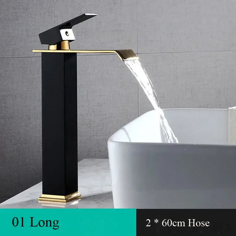 DecorBites black gold basin faucet deck mounted modern waterfall faucet with sleek rectangular black gold design