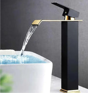 Modern black gold basin faucet decorbites black gold deck mounted waterfall sink tap with sleek rectangular design