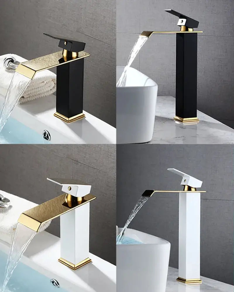 Modern decorbites black gold basin faucet with sleek black or white rectangular body and polished gold accents