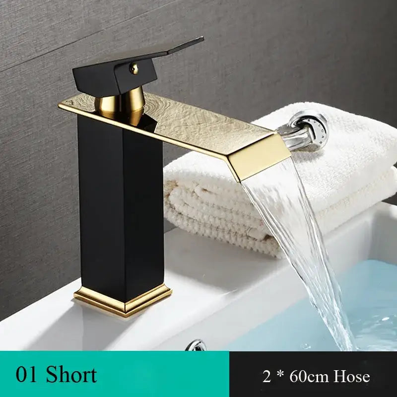 Decorbites black gold basin faucet with rectangular spout and square base for deck mounted bathroom sink use