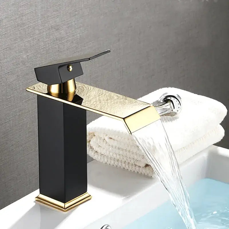 Decorbites black gold basin waterfall faucet with sleek modern design for deck mounted bathroom sink mixer tap